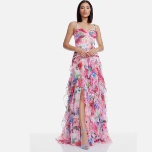 Dress The Population Lux Floral Cascading Ruffle Gown Formal Romantic Dress Nwt